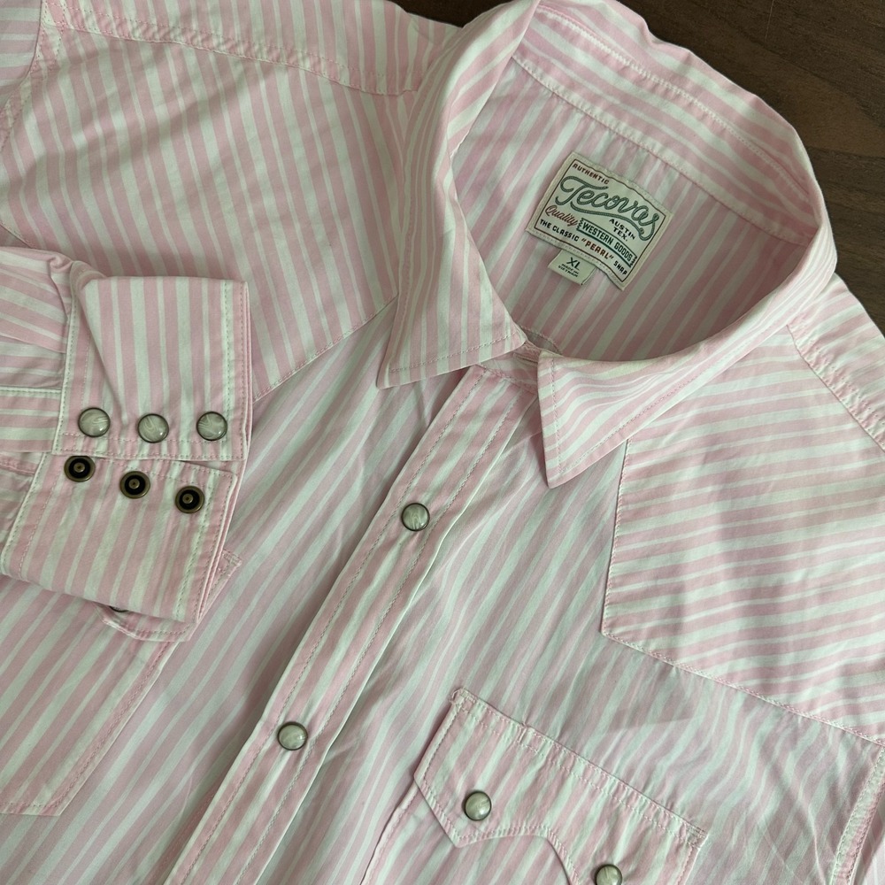 Tecovas Western Shirt Pink White Striped Cotton Pearl Snap Button Up Men XL Read